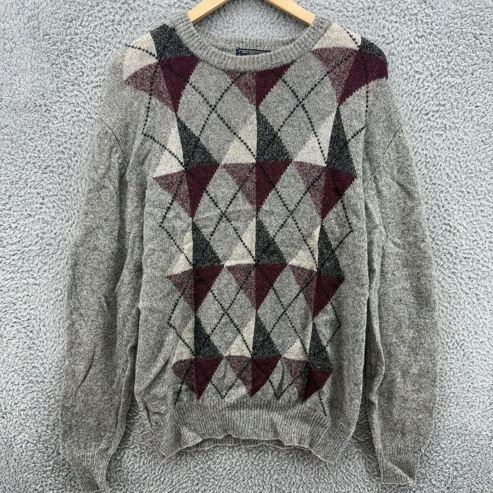 Vintage Mirell Hand Framed‎ 100% Shetland Wool Gray Argyle Sweater Mens L READ
